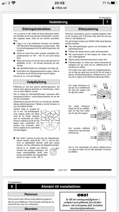 Skärmbild av en installationsguide för vedpanna med instruktioner och justeringsskisser.