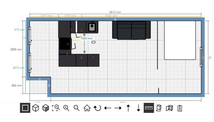 Översiktsritning av en lägenhet som visar dimensioner och placering av möbler och gaspelare.