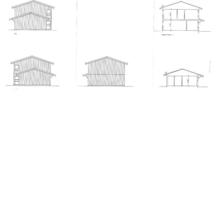 Arkitektoniska ritningar av ett hus från olika vinklar utan färgmarkeringar.