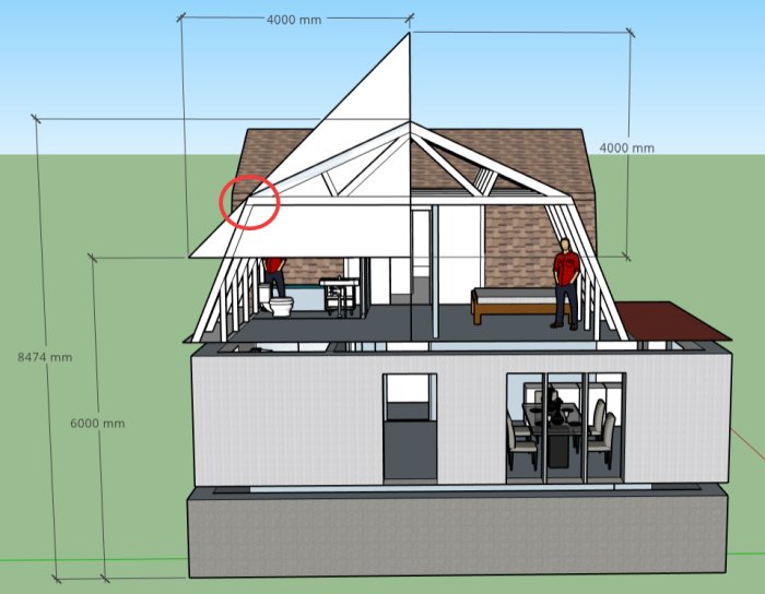 Skiss av hus med mått för byggnadshöjden och 45 graders taklutning, markerat med röd ring.
