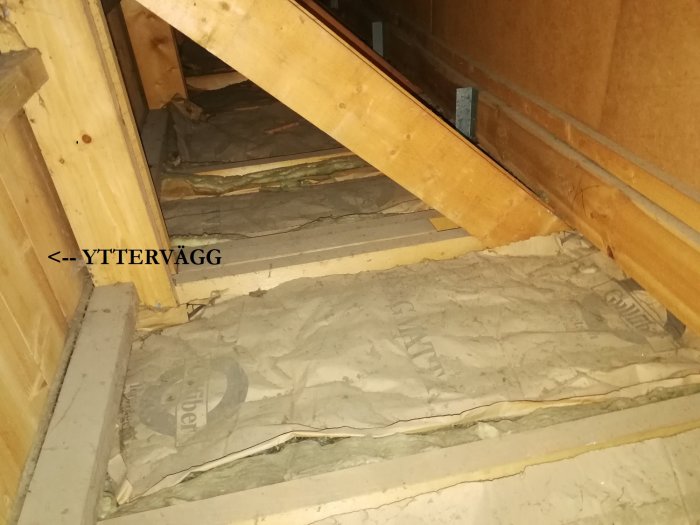 Vy av isolering och träreglar på en kattvind i 70-tals hus, med markerad yttre vägg.