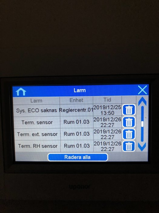 Kontrollpanelskärm visar flera larm för Rum 01.03, inklusive tempratursensor och RH-sensor, med tidsstämplar.