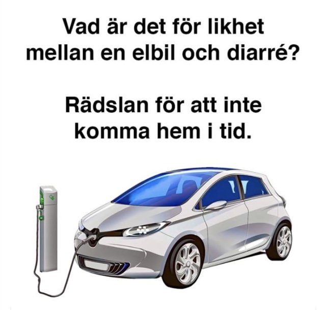 Illustration av en elbil ansluten till en laddningsstation med en skämtsam textjämförelse.