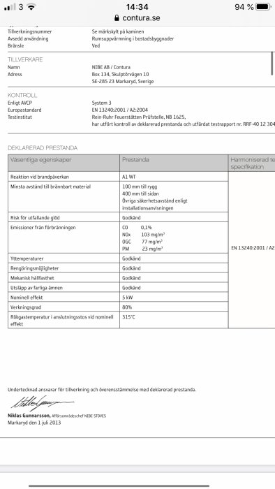 Specifikationsdokument för Contura 790K med tekniska data och undertecknarens signatur.