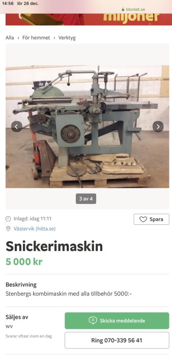 Begagnad Stenberg kombimaskin för snickeri med tillbehör, till salu för 5000 kr.