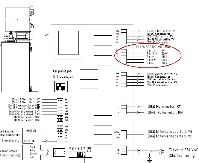 Elektriskt kopplingsschema för VILLAVENT VX-700 med markerad transformator och olika flödesspänningar.