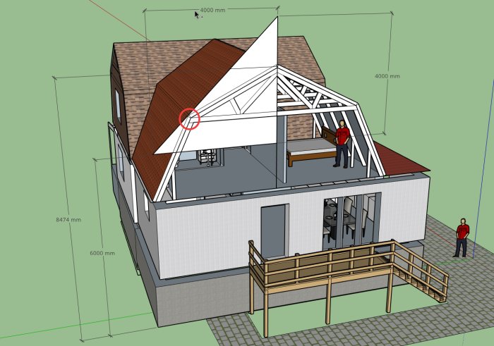 3D-modell av ett hus med mansardtak och dimensioner angivna för takstolarnas vinklar och marginaler.