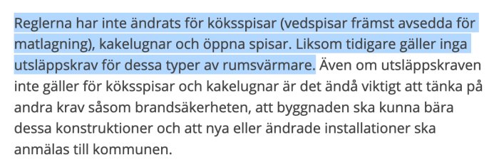 Skärmdump av text som beskriver att inga utsläppskrav finns för köksspisar och att anmälan till kommunen är ett krav.