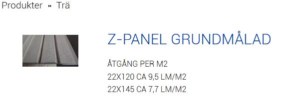 Grundmålad Z-panel med profilvisning och text om åtgång per kvadratmeter.