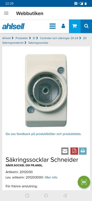 Skärmbild från Ahlsell webbutik som visar en säkringssockel av märket Schneider för el-centraler.