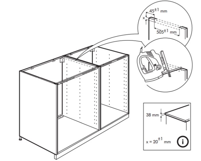 Illustration av montering för köksskåp med måttangivelser och infälld bild av elektrisk såg.