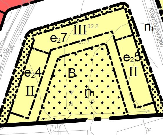 Detaljplan med markerade områden för 16 stadsradhus uppdelade i tre längor, och en prickad del för parkering.