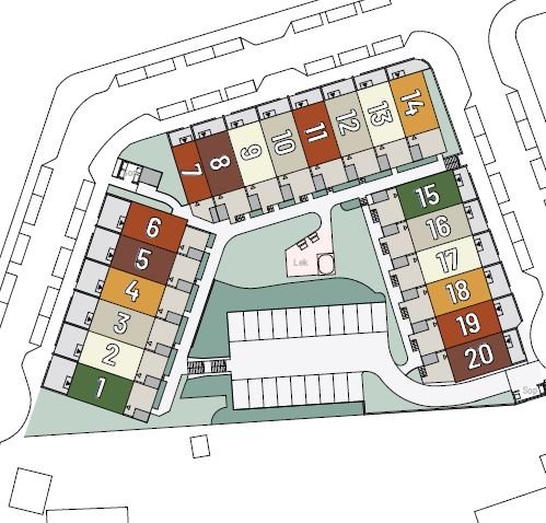 Översiktsplan med märkta stadsradhus i olika färger, numrerade 1-20, och en markerad parkering.