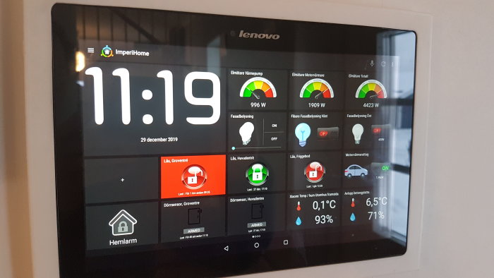 En väggmonterad Lenovo smart skärm som visar ett hemautomationssystem med klocka, datum och energiförbrukning.