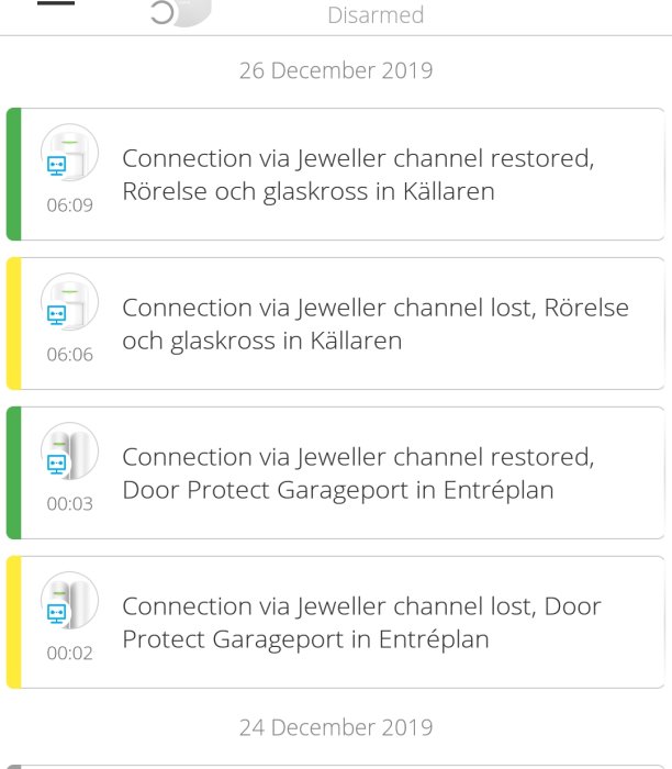 Skärmdump av larmlogg visar förlorad och återställd anslutning för rörelse- och glasbrottssensorer.