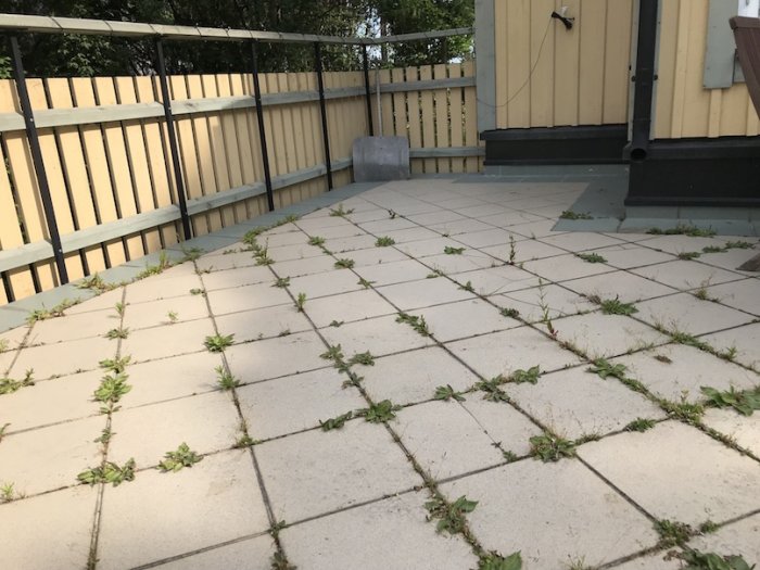 Altan med klinkerplattor och ogräs, lutande tak ovanför garage, behöver renovering.