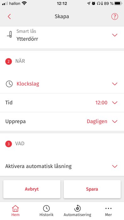 Skärmbild av Verisure-appen som visar inställningar för automatisk låsning av ytterdörr.