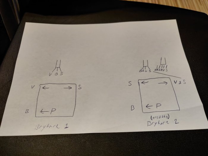 Handritad skiss av två byggplaner märkta "Brytare 1" och "Brytare 2" med pilar och bokstäver som indikerar anslutningar.