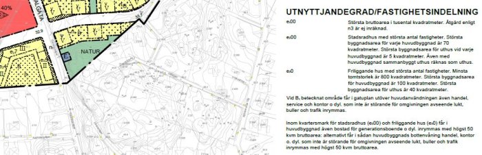 Detaljerad plankarta med markanvändningsområden i färger och textförklaringar om byggrätter och rättigheter.