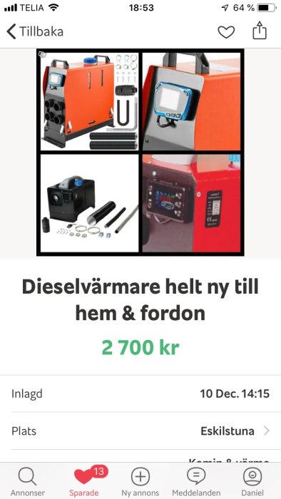 En ny, kompakt dieselvärmare för hem och fordon med tillhörande delar och digital kontrollpanel. Pris angivet som 2700 kr.