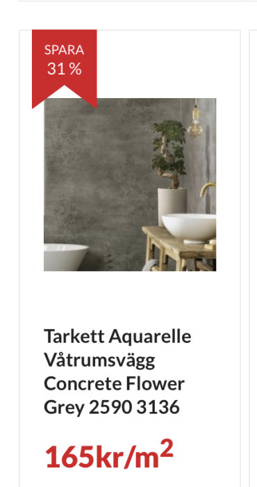 Reaannons för Tarkett Aquarelle våtrumstapet med betongmönster, inredningsdetaljer och priset angivet.