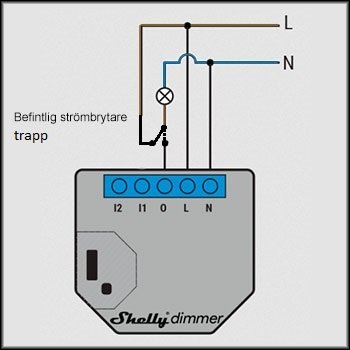 Elektrisk kopplingsschema för Shelly-dimmer med befintlig trappströmbrytare och anvisningar för korrekt inkoppling.