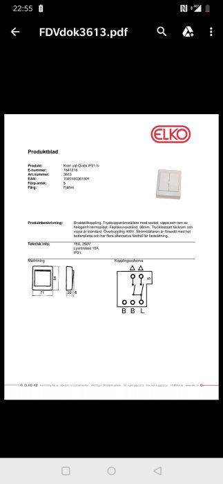 ELKO Kron ljusbrytare med kopplingsschema och teknisk specifikation på produktblad.