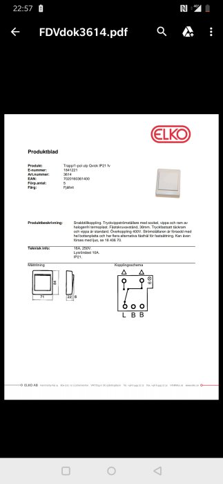 ELKO trappströmbrytare och teknisk ritning på produktblad.