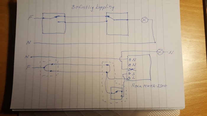 Handritad skiss av befintlig och ny elektrisk koppling för brytare och mottagare.