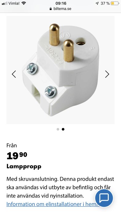 Vit lampkontakt med skruvanslutning och europlug-kompatibla stift, visad på produktwebbsida.