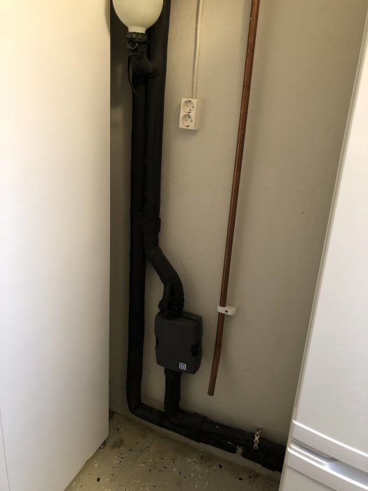 VVS-installation i hörn med rör, ventiler och eluttag, relaterat till uppvärmningssystem.
