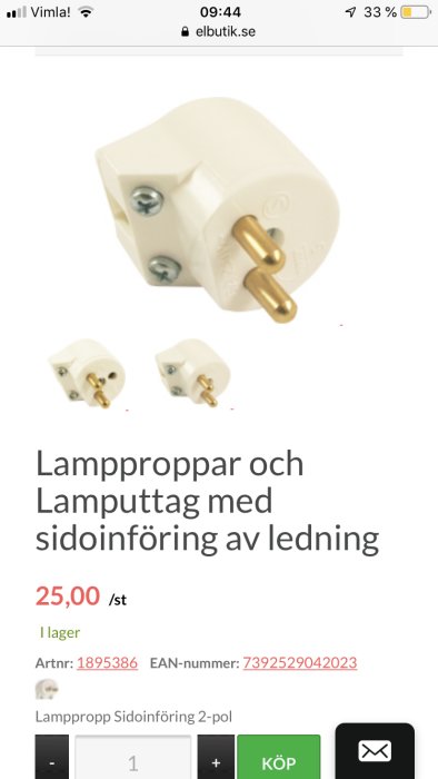 Vit lamppropp med sidoinföring av ledning visas på en webbshopssida.