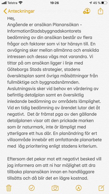 Skärmdump av ett textdokument med kommunens avslag på ansökan om avprickning av mark, diskuterande detaljplansbestämmelser.