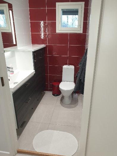 En badrum med röda kakelväggar, toalettstol, handfat och skåp sedd från dörröppningen.