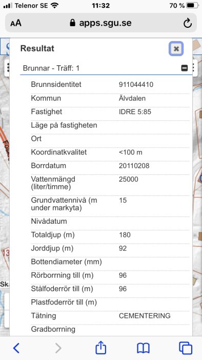 Skärmdump från SGU:s webbplats visar brunnsinformation med detaljer om totaldjup och vattenmängd.