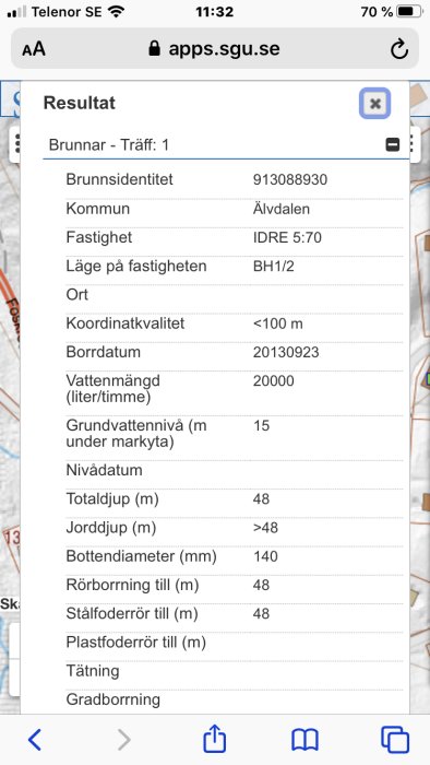 Skärmdump av brunnsstatistik från SGU med data om borrning, vattennivå och koordinater för fastighet IDRE 5:70.