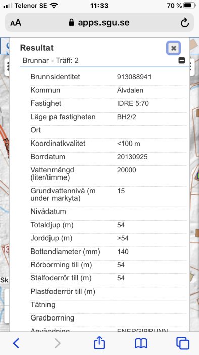 Skärmdump av brunnsstatistik från SGU med detaljer om borrdatum, vattennivå och totaldjup.