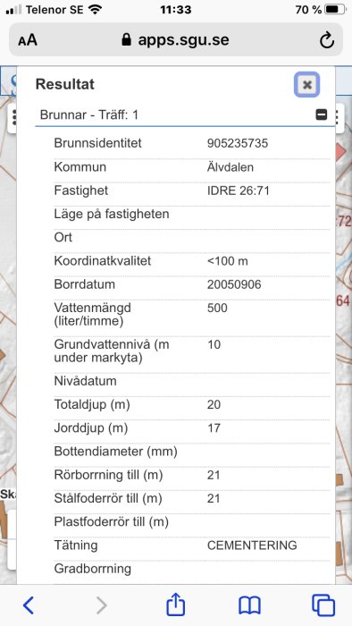 Skärmbild visar brunnsdata inklusive brunnens identitet, koordinatkvalitet, borrdatum, vattenmängd och totaldjup från webbsidan apps.sgu.se.