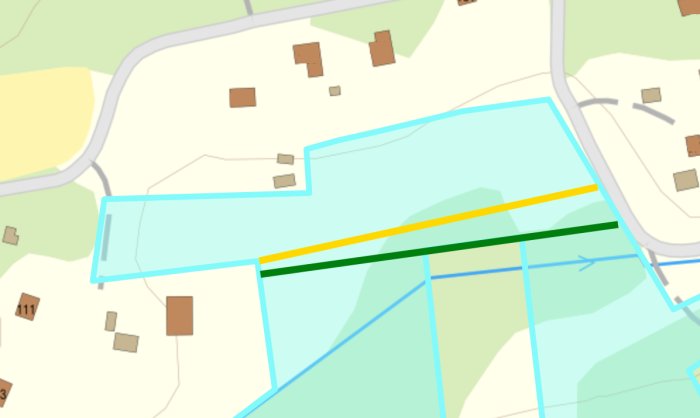 Kartbild med markerad fastighet och två potentiella nya tomtgränser, gul och grön linje, för avstyckning.