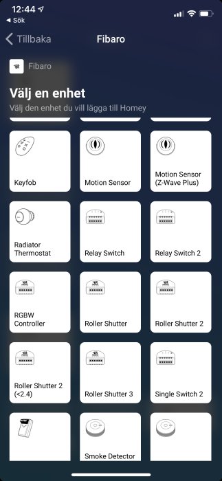 Skärmdump av Fibaro-enhetslista kompatibel med Homey, visar olika smarta hem-enheter som sensorer och strömbrytare.