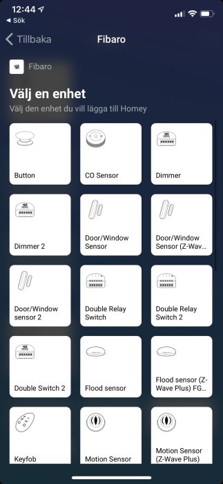 Skärmdump av en mobilapplikation som visar ett urval av smarta hem-enheter från Fibaro kompatibla med Homey.