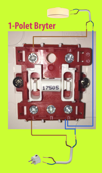 Ritning som visar installation av en enpolig brytare med kopplingsschema och elektrisk utrustning.