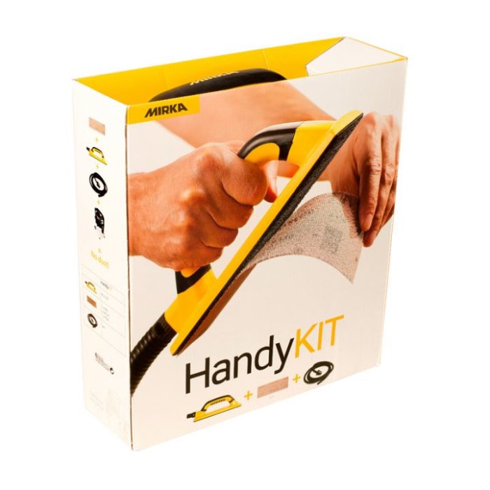 Förpackning av Mirka HandyKIT med sandblock och sandpapper som visas på bilden.