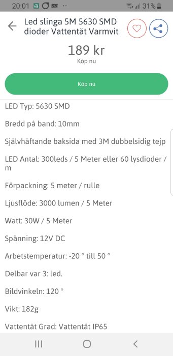 Skärmbild av en produktsida för en 5 meter lång LED-slinga med 5630 SMD-dioder, varmvit och vattentät (IP65).