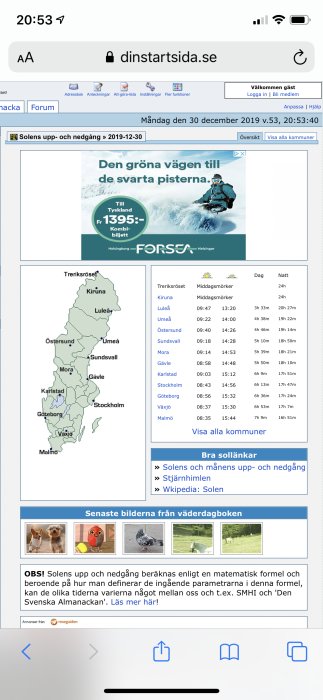 Skärmdump av hemsida visar solens uppgång och nedgångstider i olika svenska städer med karta och länkar.