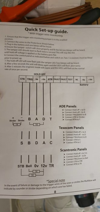 Instruktioner och kopplingsschema för installation av larmsystem med text och diagram.