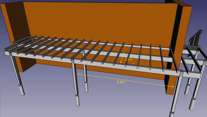3D-ritning av balkongkonstruktion med måttangivelser, limträbalkar och stöd.