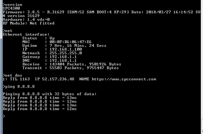 Skärmdump av nätverkskommandon med pingresultat och SPC Connect off-line-meddelande.