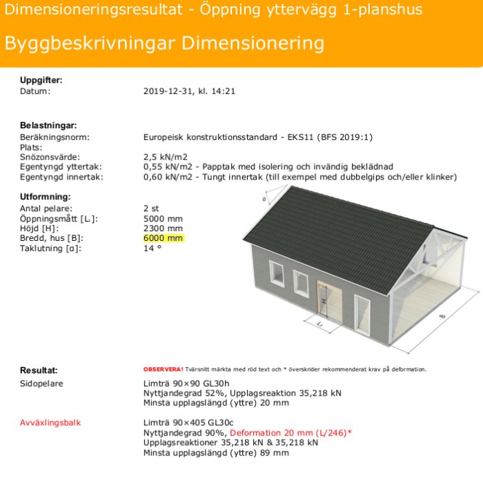 Skärmdump av dimensioneringsresultat för öppning i yttervägg i 1-planshus, med tekniska mått och en illustration av huset.