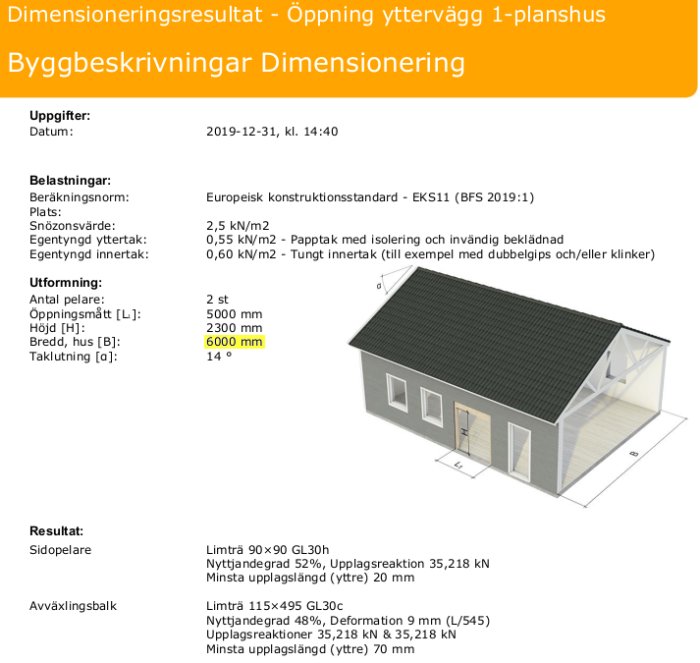 Skärmbild av dimensioneringsresultat för 1-planshus med specifikationer och illustration av husmodell.